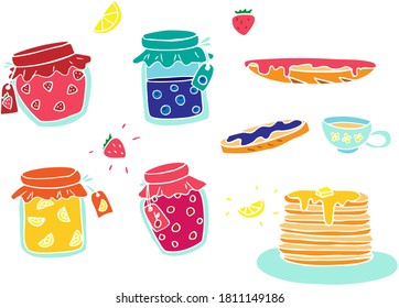 Vector colorful different berry jam in jars, pancakes with syrup, cup of tea and toast with jam isolated on white background