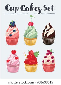 Vector colorful different kind of cupcakes isolated on a white background. Decorated with berries, heart, chocolate, pistachio, straw, mint, strawberry and blackberry