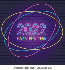 Vector colorful digital symbol for New Year 2022 from multicolored neon lights isolated on brick wall.