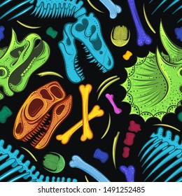 Vector Colorful Dinosaur Bones  Seamless Pattern