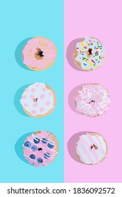 Vector of colorful donuts with pink and blue background