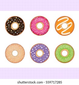 Vector colorful donuts set for bakery menu with glaze and sprinkles, donuts topping sugar icing orange chocolate collection