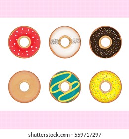 Vector colorful donuts set for bakery menu with glaze and sprinkles, donuts topping sugar icing coffee and chocolate collection.