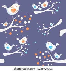 vector. Colorful doodle bird seamless pattern. flat hand drawn birds. Cute background for textile print, wrapping paper, wall art design. the birds are sitting on branches. purple white orange blue
