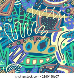 vector colorful doodle freeform shape and lines overlapped seamless pattern on blue background