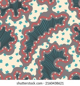 vector colorful doodle freeform shape and little flowers seamless pattern on grey