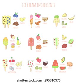 vector colorful doodle ice cream and ingredients isolated on white background. hand drawn illustration for menu, recipe, kitchen, cafe stuff.