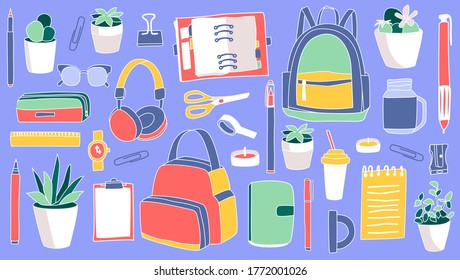 Vector colorful doodle set with school supplies. Different cartoon objects for home education. Pens, pencils, notebook, coffee, bag. Simple linear doodle style isolated on white background