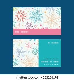 Vector colorful doodle snowflakes horizontal stripe frame pattern business cards set