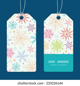 Vector colorful doodle snowflakes vertical stripe frame pattern tags set