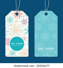 Vector colorful doodle snowflakes vertical round frame pattern tags set