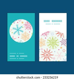 Vector colorful doodle snowflakes vertical round frame pattern business cards set