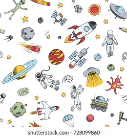 Vector colorful doodle space seamless pattern with space objects: space ships, rockets, planets, flying saucers, cosmonauts, stars, comets, satellites, ufo etc. Hand drawn style.