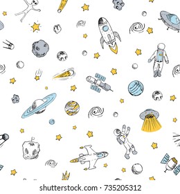 Vector colorful doodle space seamless pattern with space objects. Space ships, rocket, planets, flying saucers, astronauts, stars, comets, ufo etc. Hand drawn style.