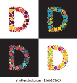 Vector colorful Dotted letter D filled with circles. Stylized colorful set of letter with bubbles