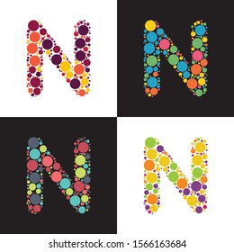 Vector colorful Dotted letter N filled with circles. Stylized colorful set of letter with bubbles