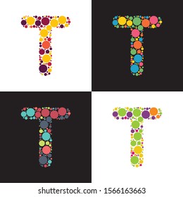 Vector colorful Dotted letter T filled with circles. Stylized colorful set of letter with bubbles