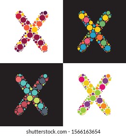 Vector colorful Dotted letter X filled with circles. Stylized colorful set of letter with bubbles