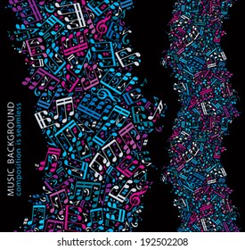 Vector colorful dotted seamless music background, bright vertical canvas with musical notes and treble clefs.