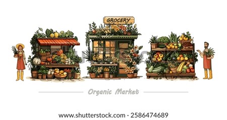 Vector colorful drawing, farmers grocery organic market, selling vegetables, fruits, and flowers, vendors, man and woman