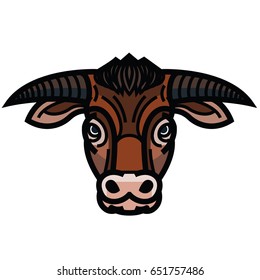 Vector colorful drawing of the head of powerful horned bull