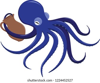 vector colorful drawing of octopus with vase on white background, Hand Drawn Vector illustration