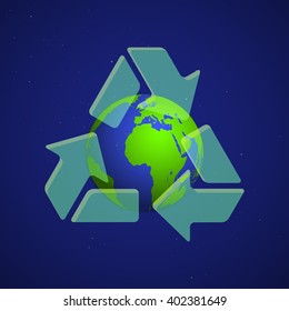 vector colorful earth in dark cosmos and recycle sign illustration on dark space background