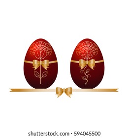 Vector colorful easter eggs with patterns and ribbons with bow. Set of different painted decorated eggs isolated on white background.