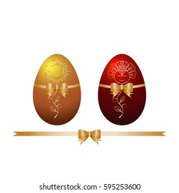 Vector colorful easter eggs with patterns and ribbons with bow. Set of different painted decorated eggs isolated on white background.