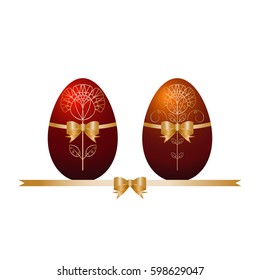 Vector colorful easter eggs with patterns and ribbons with bow. Set of different painted decorated eggs isolated on white background.