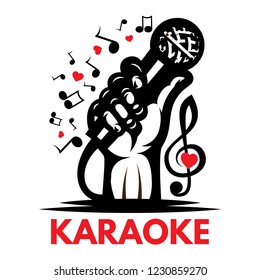 Vector colorful, editable template with hand microphone, notes on karaoke.