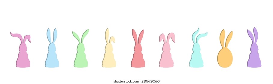 Vector colorful eight bunnies is sitting with his back and one Easter egg between them. Horizontal banner with Easter hunt concept. 