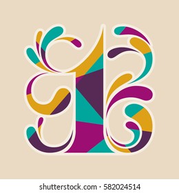 Vector colorful elegant typographic illustration of number one with decorative elements