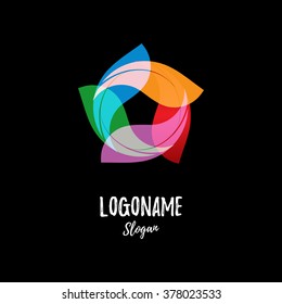 Vector colorful element of corporate identity for eco events. Colored leaves of trees and bushes in a circular composition. Bizarre vector logo natural beauty of parks and reserves.