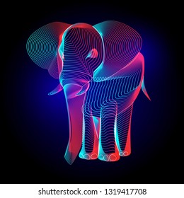 Vector colorful elephant contour silhouette with abstract 3d shapes geometry lines texture and outline gradient waves vintage modern trendy art graphic design illustration on dark background
