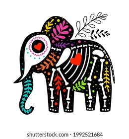 Vector colorful elephant skeleton with floral design, isolated on white background. Dia de los Muertos, Day of the dead or Halloween concept