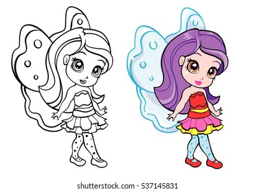 vector colorful elf fairy girl with coloring page