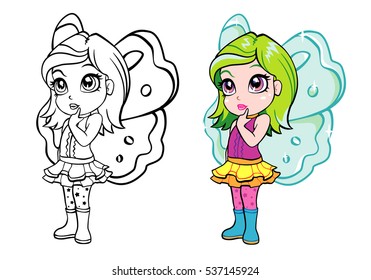 vector colorful elf fairy girl with coloring page