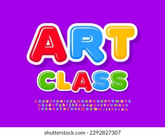 Vector colorful emblem Art Class. Bright Glossy Font. Modern Kids Alphabet Letters, Numbers and Symbols