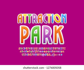 Vector colorful emblem Attraction Park. Sticker style Font for Children. Bright Alphabet Letters, Numbers and Symbols.