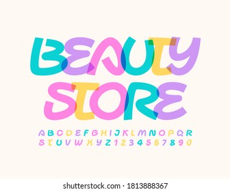 Vector colorful emblem Beauty Store. Creative bright Font. Artistic Alphabet Letters and Numbers set