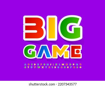 Vector Colorful Emblem Big Game. Bright Sticker Font. Creative Alphabet Letters And Numbers Set