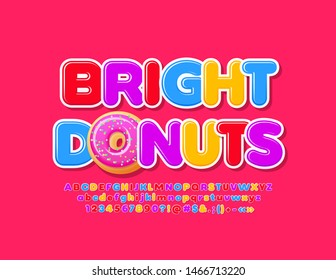 Vector colorful emblem Bright Donuts. Modern glossy Font, Trendy Alphabet Letters, Numbers and Symbols