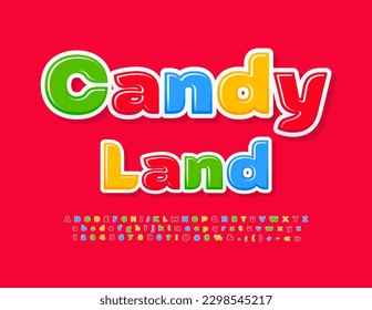 Vector colorful emblem Candy Land. Bright Kids Font. Creative Glossy Alphabet Letters and Numbers