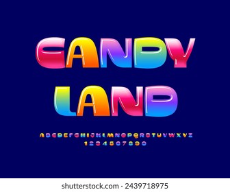 Vector colorido emblema Candy Land. Fuente de niños divertidos. Letras y números brillantes del alfabeto.