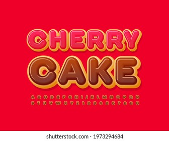 Vector colorful Emblem Cherry Cake. Chocolate glazed Font. Tasty Donut Alphabet Letters and Numbers