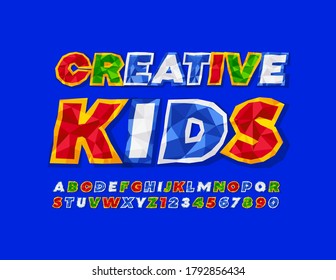 Vector colorful emblem Creative Kids. Crumpled Paper Font. Bright Alphabet Letters and Numbers set