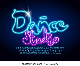 Vector Colorful Emblem Dance Studio. Neon Alphabet Letters and Numbers. Bright Blue Font.