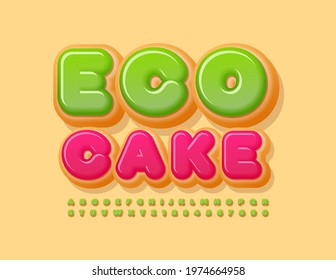 Vektorfarbiges Emblem Eco Cake. Köstliche Donut-Schriftart. Leckeres Set von Alphabet Letters and Numbers