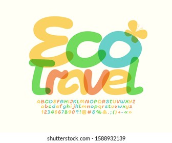 Vector colorful Emblem Eco Travel. Stylish transparent Font. Modern Alphabet Letters, Numbers and Symbols.